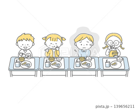 給食を食べるのが苦手な男の子と給食風景単色 139656211