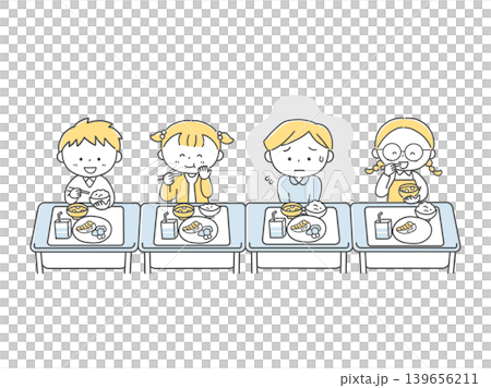 給食を食べるのが苦手な男の子と給食風景単色 139656211