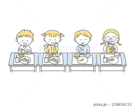 楽しそうに給食を食べる子供たち単色 139656213