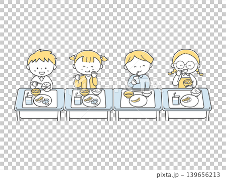 楽しそうに給食を食べる子供たち単色 139656213