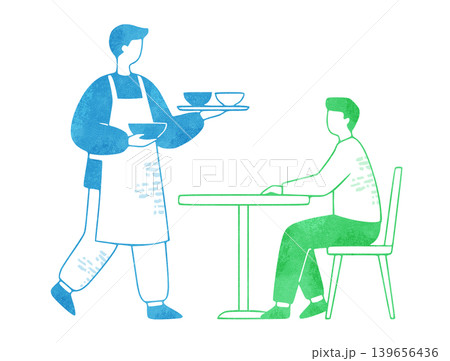 飲食店で働くウェイターと料理を待つお客さん。外食・サービス業の水彩イラスト 139656436