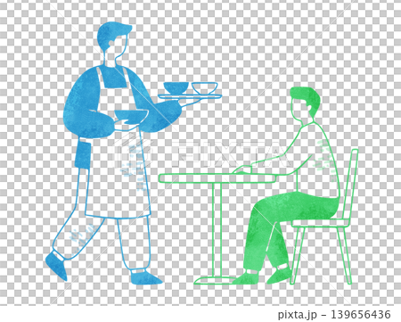 飲食店で働くウェイターと料理を待つお客さん。外食・サービス業の水彩イラスト 139656436