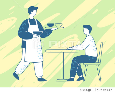 飲食店で働くウェイターと料理を待つお客さん。外食・サービス業のポップなイラスト 139656437