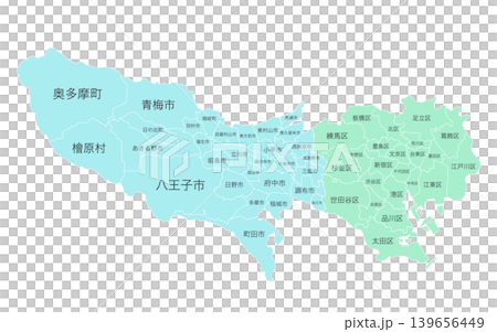 東京可分割地圖插圖(兩種顏色):城市、城鎮、村莊、區。 東京可分割地圖插圖(兩種顏色):城市、城鎮、村莊、區。 139656449
