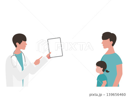 女の子と父親・タブレットで説明をする医師のベクターイラスト素材 139656460