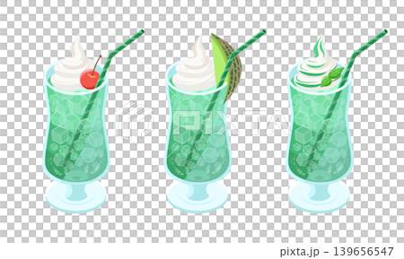 Illustrations of three variations of melon soda floats Illustrations of three variations of melon soda floats 139656547