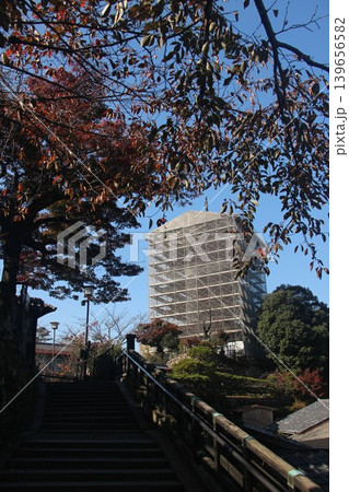 広島県廿日市市宮島町 厳島神社の千畳閣と修理工事が行われている五重塔の全景 139656582