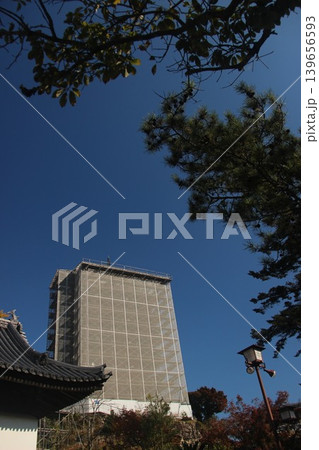 広島県廿日市市宮島町 厳島神社の千畳閣と修理工事が行われている五重塔の全景 139656593