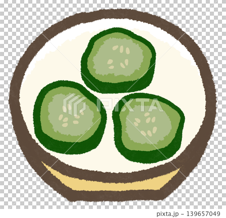 小皿に盛り付けたきゅうりの糠漬け、シンプルで可愛くデフォルメした手描きイラスト（暮らしシリーズ） 139657049