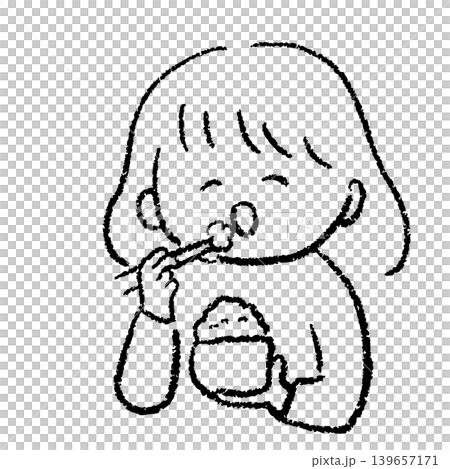 ご飯をおいしそうに食べる幸せな女性の手描きイラスト ご飯をおいしそうに食べる幸せな女性の手描きイラスト 139657171