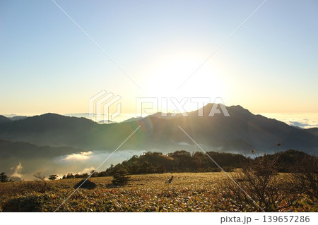 愛媛県 石鎚山系・瓶ヶ森から見る夕日に照らされた雲海と石鎚山の山影 139657286