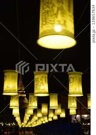 Beautiful Traditional Thai Yellow Lanterns Hanging at Night During Loy Krathong Festival 139657634