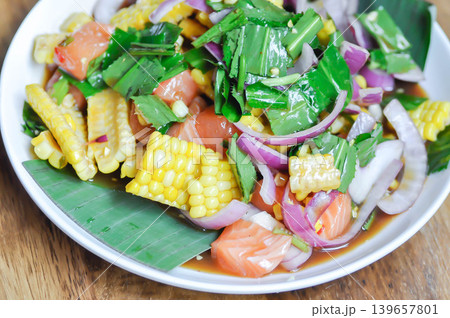 corn and salmon salad ,fruit salad or vegetable salad or fruit and vegetable salad or spicy salad 139657801