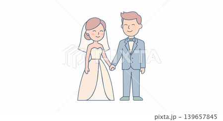Happy cartoon bride and groom holding hands with white dress bow tie marriage illustration celebration ceremony romantic newlyweds together happiness portrait character charming Happy cartoon bride and groom holding hands with white dress bow tie marriage illustration celebration ceremony romantic newlyweds together happiness portrait character charming 139657845