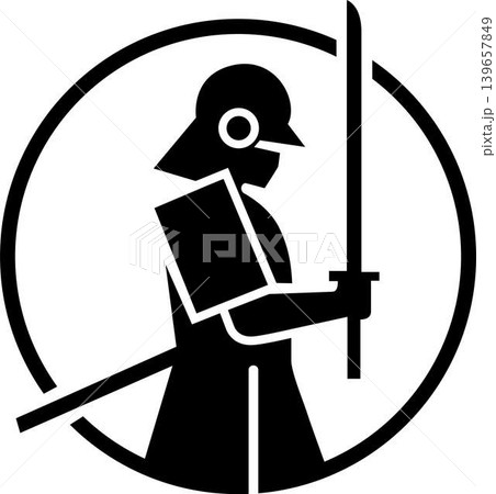 Samurai warrior with sword in circle the figure is enclosed within a circular frame martial arts black and white silhouette illustration minimalist traditional discipline strength training 139657849