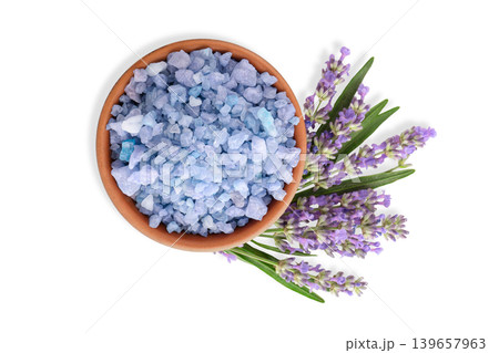 Lavender stems with blue salt in a clay dish, isolated, PNG Lavender stems with blue salt in a clay dish, isolated, PNG 139657963