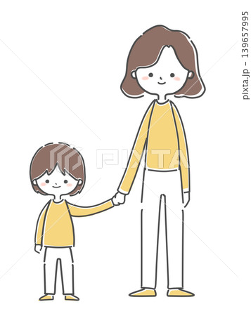 手をつないで立つお母さんと子供 139657995
