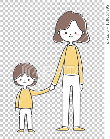 手をつないで立つお母さんと子供 139657995