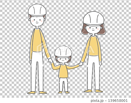 A family of three standing while wearing helmets. 139658001