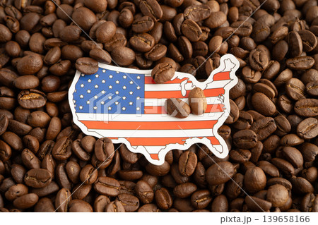 US America flag on coffee bean, import export trade online commerce. US America flag on coffee bean, import export trade online commerce. 139658166