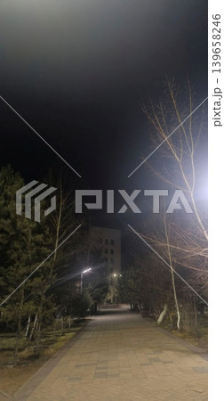 Enjoy a serene brick-paved walkway in a city park at night, illuminated by warm streetlights. A peaceful atmosphere perfect for relaxation, tourism, and urban living. 139658246