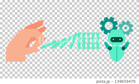 Abstract illustration of an AI workflow automation scenario triggered by human intervention, creating a chain reaction like falling dominoes. 139658470