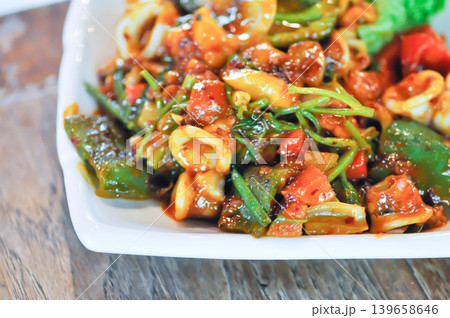 stir fried squid with vegetable, curry squid or squid salad or spicy squid 139658646