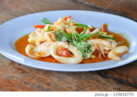 stir fried squid with vegetable, curry squid or squid salad 139658770