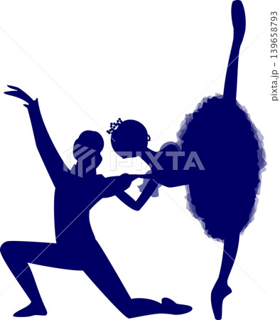 バレエ パ・ド・ドゥ2人で踊るバレリーナの紺色のシルエット バレエ パ・ド・ドゥ2人で踊るバレリーナの紺色のシルエット 139658793