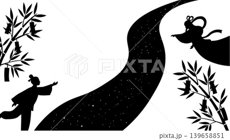 七夕のバナー七夕の背景　モノクロイラスト　七夕素材　背景　織姫と彦星　天の川 139658851