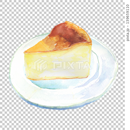 一幅水彩插畫，描繪的是放在盤子裡的起司蛋糕。 139659110