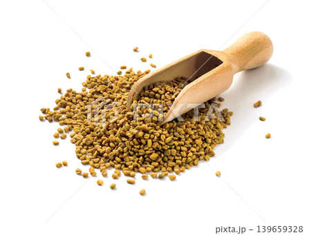 Fenugreek Seeds with Wooden Scoop Isolated on White Background Fenugreek Seeds with Wooden Scoop Isolated on White Background 139659328