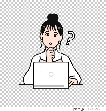 A simple vector illustration of a young woman with her hair tied up, looking at a laptop with a question mark above her head. A simple vector illustration of a young woman with her hair tied up, looking at a laptop with a question mark above her head. 139659339