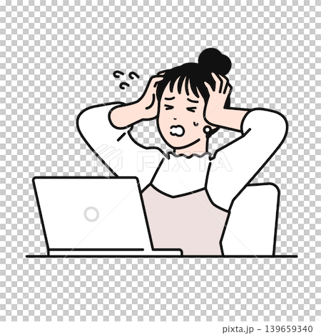 A simple vector illustration of a young woman with her hair tied up, looking at a laptop and holding her head in her hands. A simple vector illustration of a young woman with her hair tied up, looking at a laptop and holding her head in her hands. 139659340
