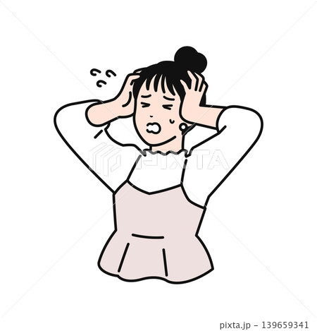 頭を抱えるまとめ髪の若い女性のシンプルなベクターイラスト素材 139659341