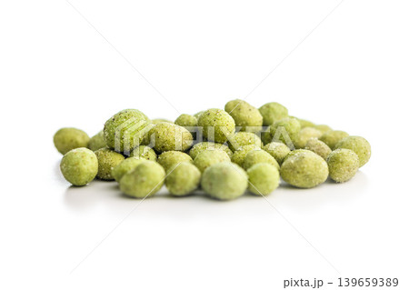 Crunchy Wasabi Peas Snack Pile With White Bowl Closeup On Clean White Background Crunchy Wasabi Peas Snack Pile With White Bowl Closeup On Clean White Background 139659389