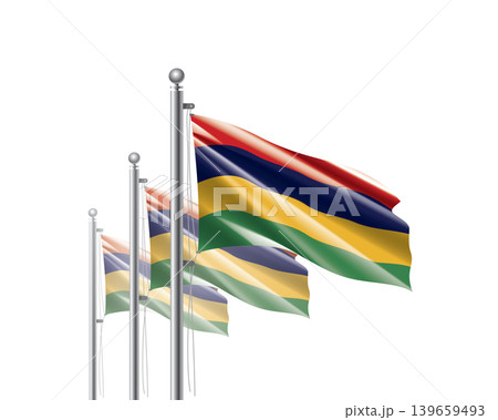 Brightly shining Mauritius flags wave proudly on tall masts during official celebration events 139659493