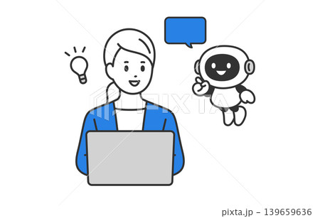 回答するAI･チャットボットとひらめくビジネスパーソン女性【人物ベクターイラスト素材】 139659636