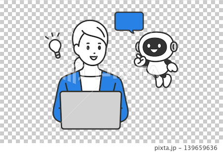 回答するAI･チャットボットとひらめくビジネスパーソン女性【人物ベクターイラスト素材】 139659636