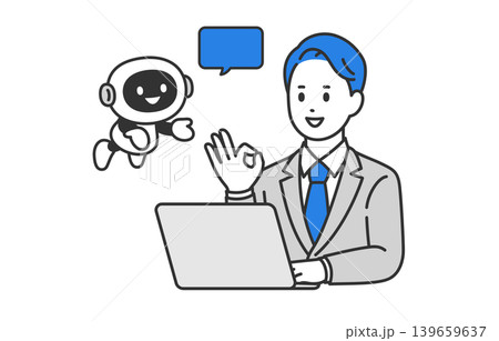 提案するAI・チャットボットとOKサインをするビジネスパーソン男性【人物ベクターイラスト素材】 提案するAI・チャットボットとOKサインをするビジネスパーソン男性【人物ベクターイラスト素材】 139659637