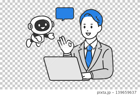 提案するAI・チャットボットとOKサインをするビジネスパーソン男性【人物ベクターイラスト素材】 提案するAI・チャットボットとOKサインをするビジネスパーソン男性【人物ベクターイラスト素材】 139659637