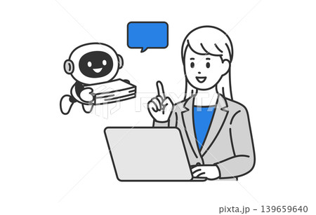 書類整理を手伝うAI･チャットボットと指示するビジネスパーソン女性【人物ベクターイラスト素材】 139659640