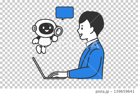 A business person happily interacting with an AI chatbot assisting with search and research [Vector illustration of a person] 139659641