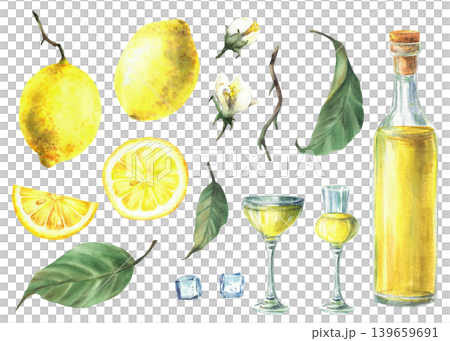 Watercolor lemon and limoncello set. Yellow liqueur, drink glass, ice cubes and whole, cut and slices fruit with leaves and flowers. Italian beverage components Isolated on white painted illustration. Watercolor lemon and limoncello set. Yellow liqueur, drink glass, ice cubes and whole, cut and slices fruit with leaves and flowers. Italian beverage components Isolated on white painted illustration. 139659691