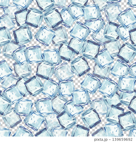 Watercolor Ice cubes seamless pattern. Blue, square frozen pieces of ice cubes refreshing, realistic hand drawn illustration isolated from background for fabric, wallpaper, packaging water and drinks. 139659692