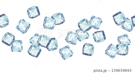 Ice cubes watercolor realistic seamless border. Blue, square realistic pieces of ice cubes hand painted horizontal pattern design isolated from background for packaging of water and refreshing drinks. Ice cubes watercolor realistic seamless border. Blue, square realistic pieces of ice cubes hand painted horizontal pattern design isolated from background for packaging of water and refreshing drinks. 139659693