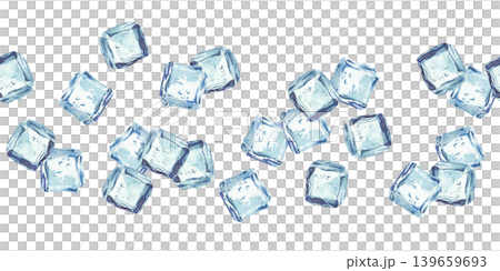 Ice cubes watercolor realistic seamless border. Blue, square realistic pieces of ice cubes hand painted horizontal pattern design isolated from background for packaging of water and refreshing drinks. Ice cubes watercolor realistic seamless border. Blue, square realistic pieces of ice cubes hand painted horizontal pattern design isolated from background for packaging of water and refreshing drinks. 139659693