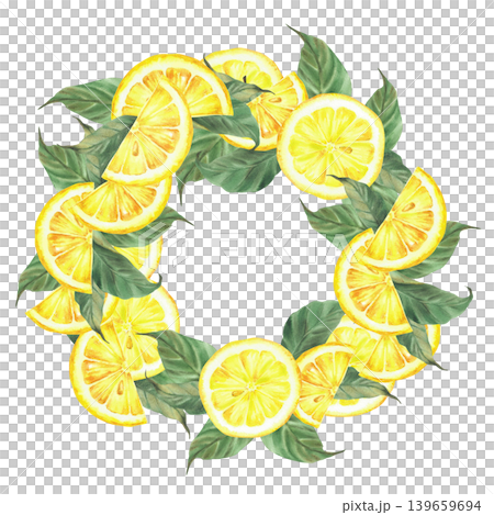 Lemon wreath with fruit yellow slices and green leaves. Hand painted realistic watercolor illustration. Circular frame for packaging, branding, drink menu, cosmetic label isolated from background Lemon wreath with fruit yellow slices and green leaves. Hand painted realistic watercolor illustration. Circular frame for packaging, branding, drink menu, cosmetic label isolated from background 139659694
