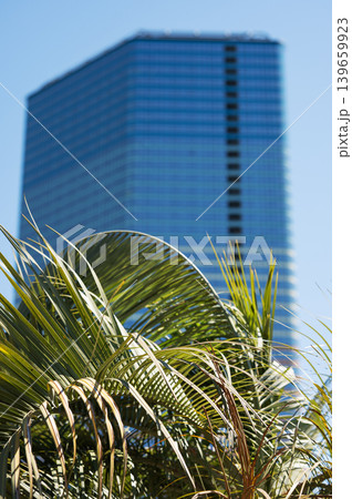 Modern high rise residential buildings with glass facades against a clear blue sky. Modern high rise residential buildings with glass facades against a clear blue sky. 139659923