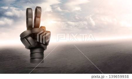 Victory sign made by vehicle tires Victory sign made by vehicle tires 139659938